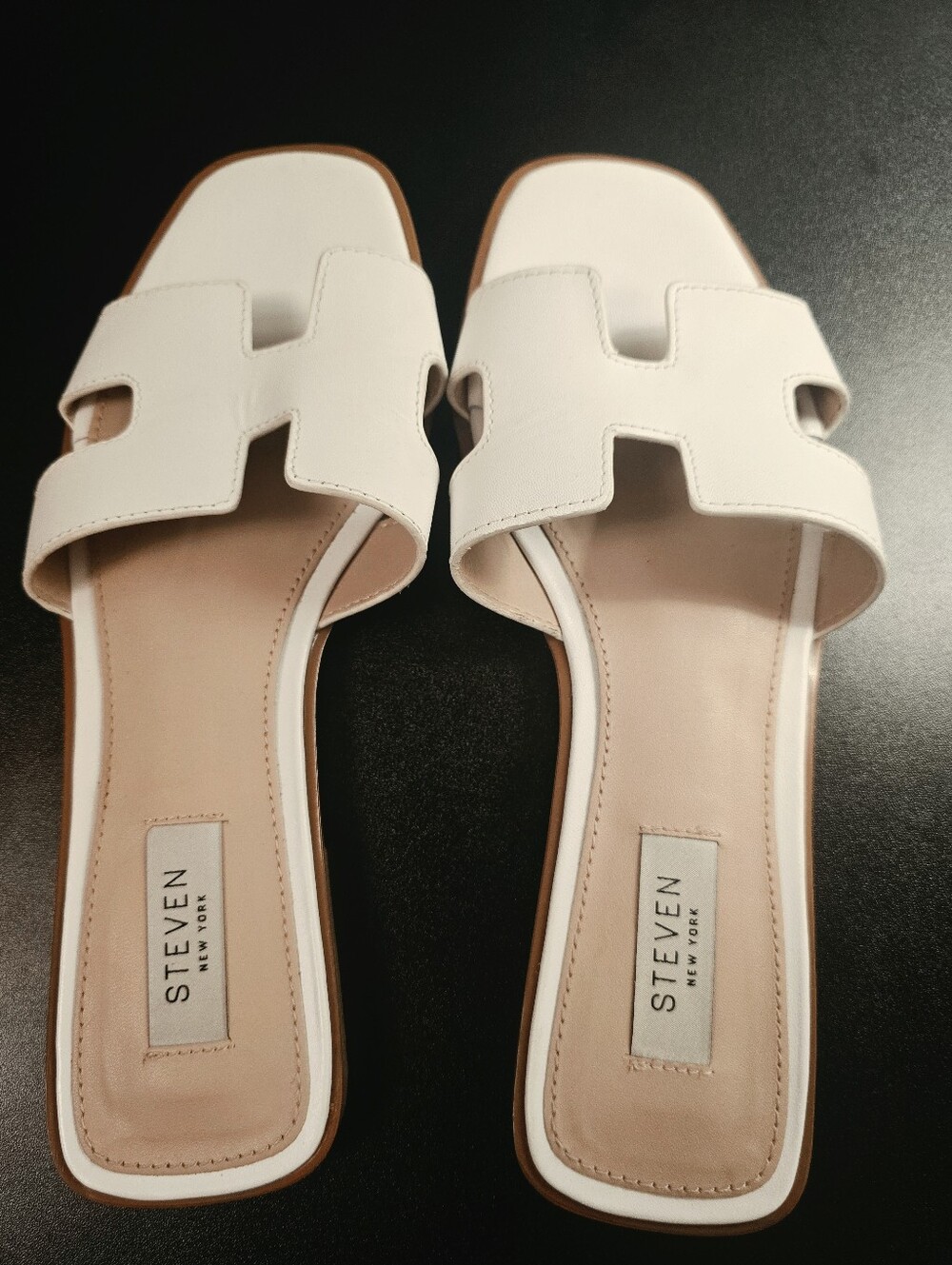 Steven New York Enida White Leather H Slide Sandals Flat Designer Minimalist